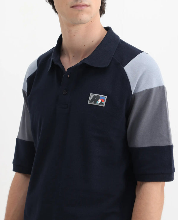 Rare Rabbit Men Lucid Navy Cotton Lycra Short Sleeve Collared Neck Button Closure Cut and Sew Polo