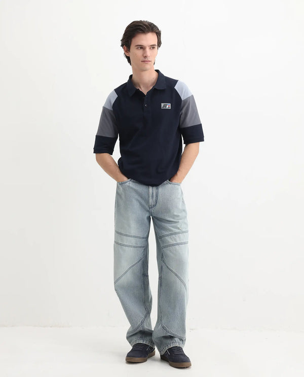Rare Rabbit Men Lucid Navy Cotton Lycra Short Sleeve Collared Neck Button Closure Cut and Sew Polo