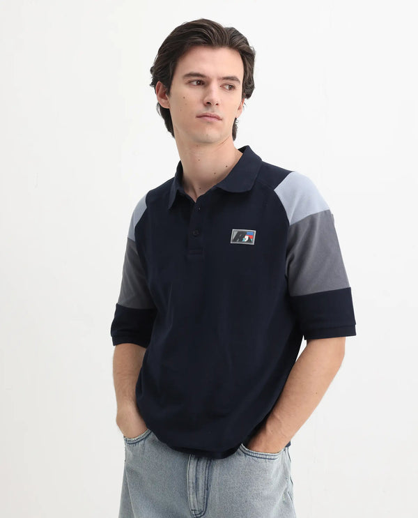 Rare Rabbit Men Lucid Navy Cotton Lycra Short Sleeve Collared Neck Button Closure Cut and Sew Polo