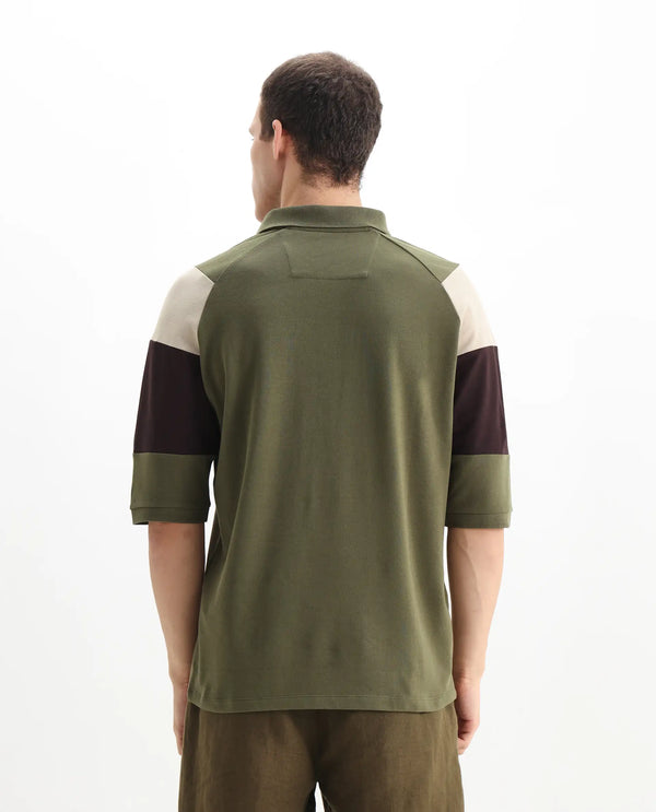 Rare Rabbit Men Lucid Olive Cotton Lycra Fabric Short Sleeve Collared Neck Button Closure Cut and Sew Polo