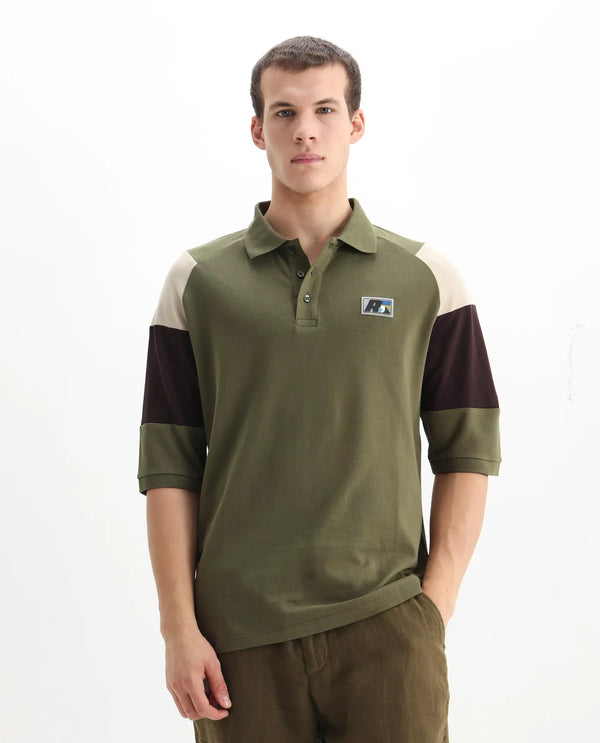 Rare Rabbit Men Lucid Olive Cotton Lycra Fabric Short Sleeve Collared Neck Button Closure Cut and Sew Polo