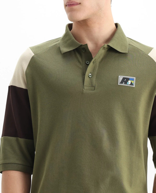 Rare Rabbit Men Lucid Olive Cotton Lycra Fabric Short Sleeve Collared Neck Button Closure Cut and Sew Polo