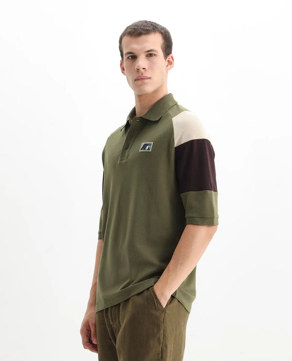 Rare Rabbit Men Lucid Olive Cotton Lycra Fabric Short Sleeve Collared Neck Button Closure Cut and Sew Polo
