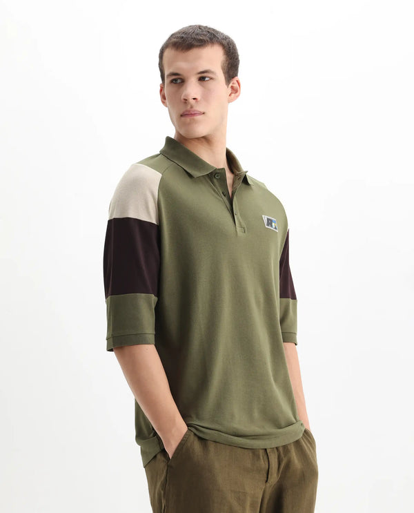 Rare Rabbit Men Lucid Olive Cotton Lycra Fabric Short Sleeve Collared Neck Button Closure Cut and Sew Polo