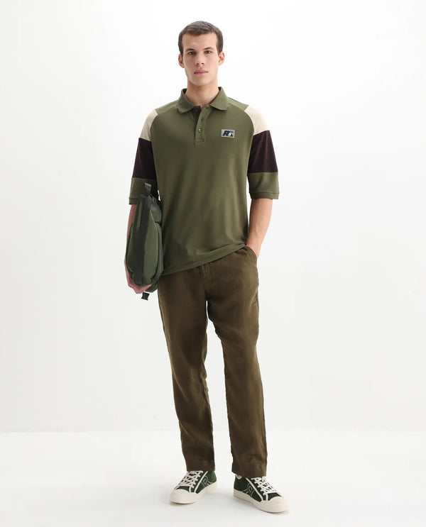 Rare Rabbit Men Lucid Olive Cotton Lycra Fabric Short Sleeve Collared Neck Button Closure Cut and Sew Polo