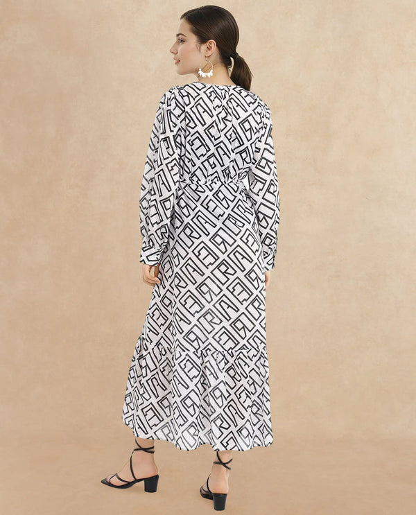 Rareism Women Lucinda Light Beige Full Sleeve V-Neck Button Closure A-Line Maxi Monogram Shrug