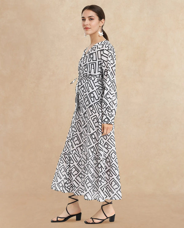Rareism Women Lucinda Light Beige Full Sleeve V-Neck Button Closure A-Line Maxi Monogram Shrug