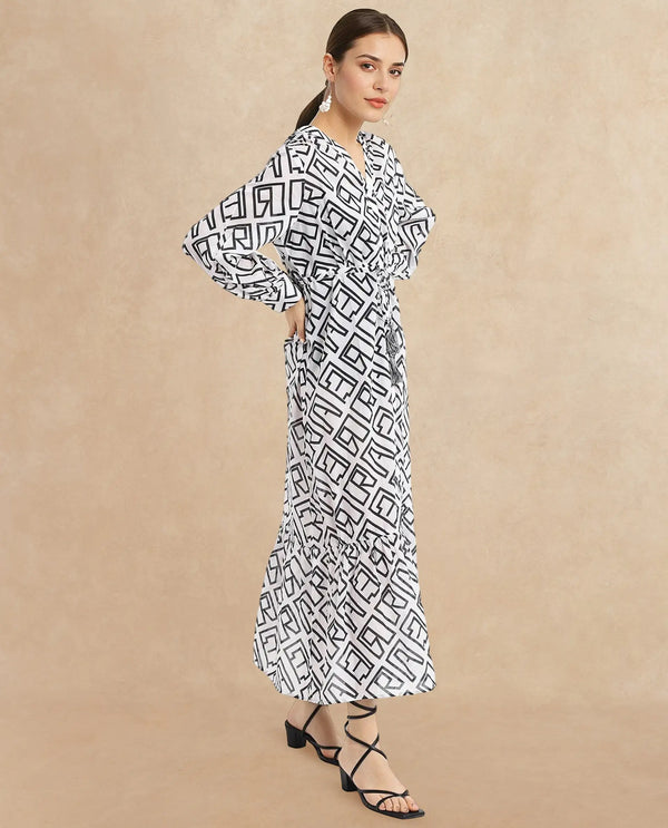 Rareism Women Lucinda Light Beige Full Sleeve V-Neck Button Closure A-Line Maxi Monogram Shrug