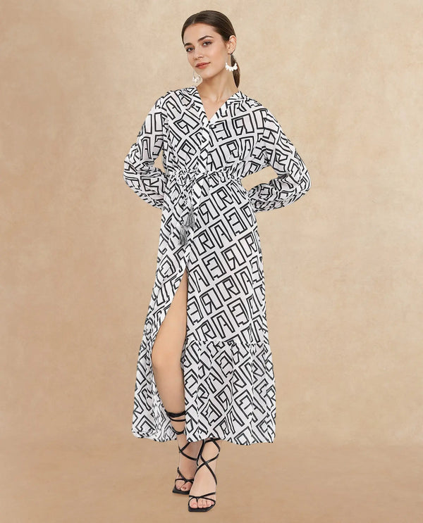 Rareism Women Lucinda Light Beige Full Sleeve V-Neck Button Closure A-Line Maxi Monogram Shrug