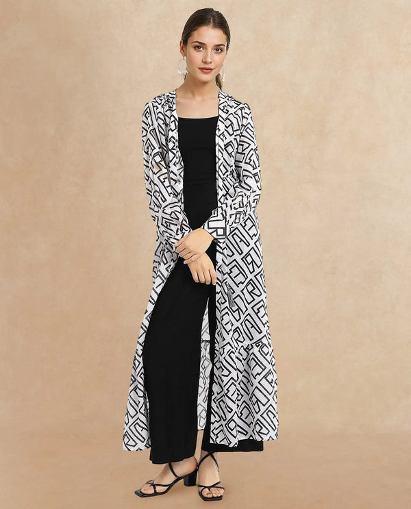 Rareism Women Lucinda Light Beige Full Sleeve V-Neck Button Closure A-Line Maxi Monogram Shrug