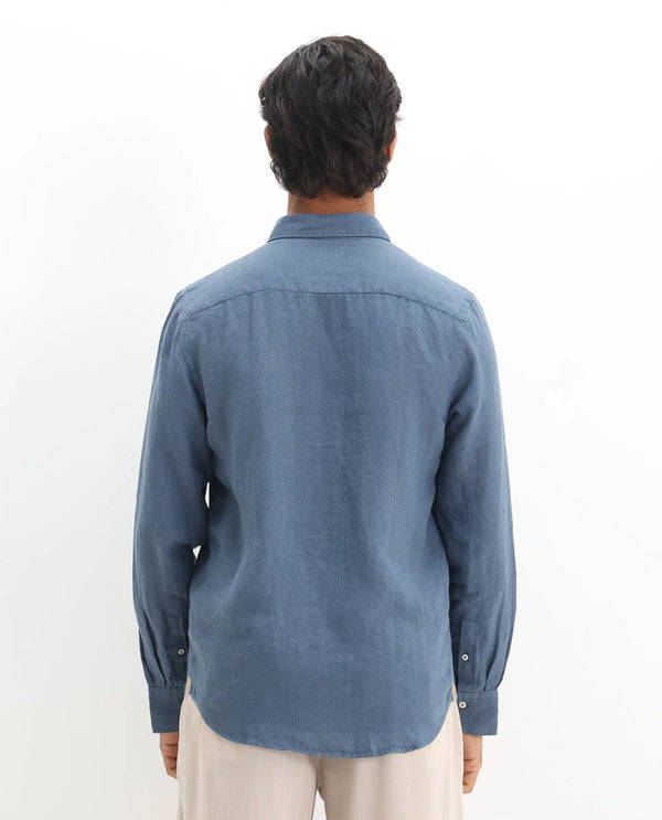 Rare Rabbit Men's Lucis Dusky Blue Linen Fabric Full Sleeves Collared Neck Button Closure Plain Shirt