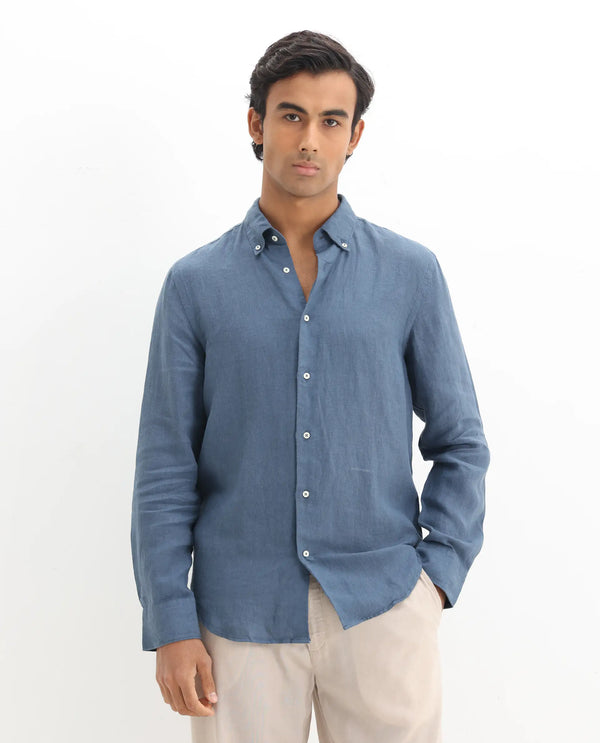 Rare Rabbit Men's Lucis Dusky Blue Linen Fabric Full Sleeves Collared Neck Button Closure Plain Shirt