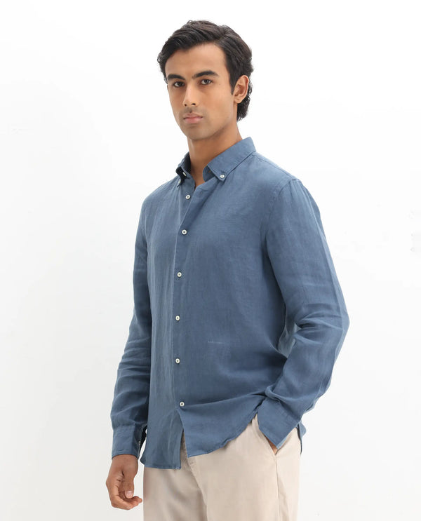 Rare Rabbit Men's Lucis Dusky Blue Linen Fabric Full Sleeves Collared Neck Button Closure Plain Shirt
