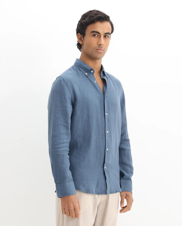 Rare Rabbit Men's Lucis Dusky Blue Linen Fabric Full Sleeves Collared Neck Button Closure Plain Shirt