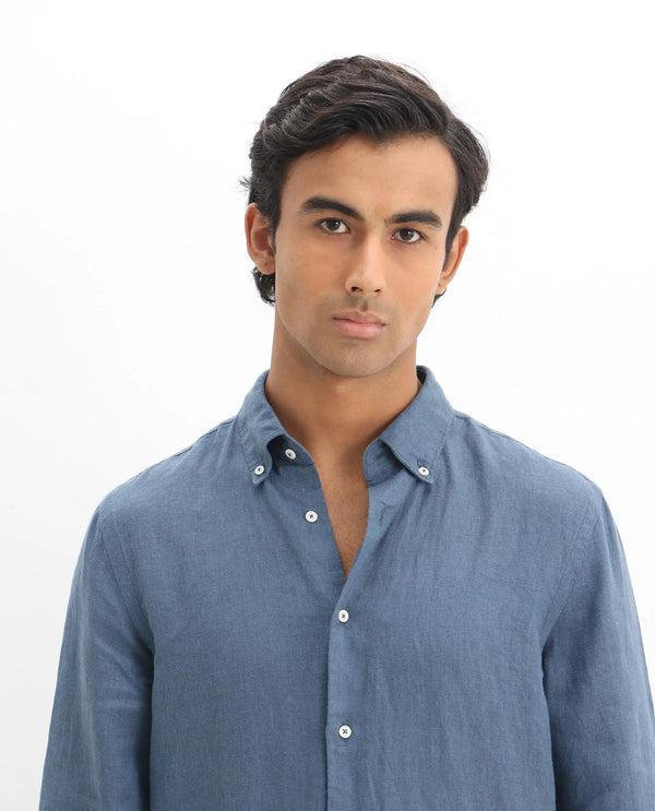 Rare Rabbit Men's Lucis Dusky Blue Linen Fabric Full Sleeves Collared Neck Button Closure Plain Shirt