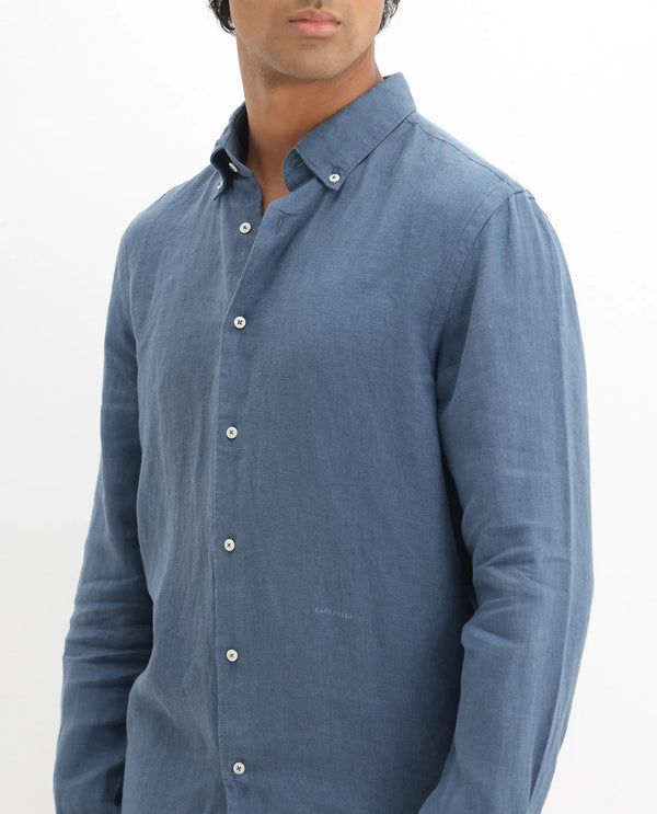 Rare Rabbit Men's Lucis Dusky Blue Linen Fabric Full Sleeves Collared Neck Button Closure Plain Shirt
