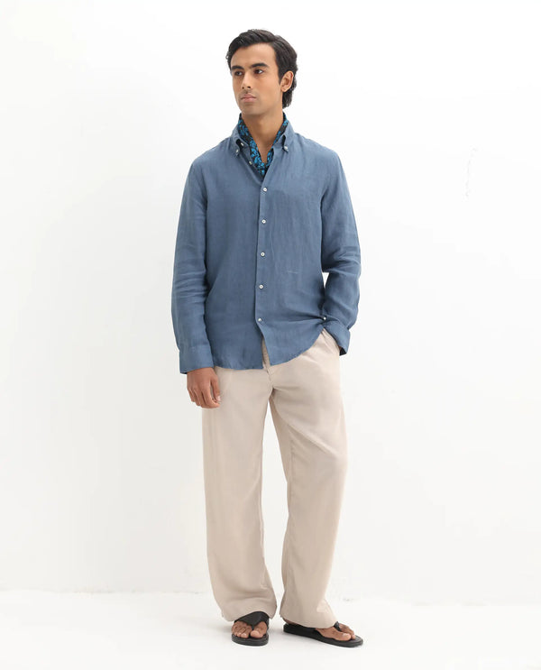 Rare Rabbit Men's Lucis Dusky Blue Linen Fabric Full Sleeves Collared Neck Button Closure Plain Shirt