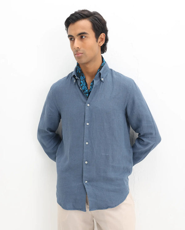 Rare Rabbit Men's Lucis Dusky Blue Linen Fabric Full Sleeves Collared Neck Button Closure Plain Shirt