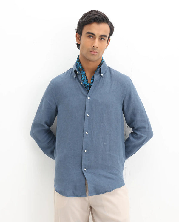 Rare Rabbit Men's Lucis Dusky Blue Linen Fabric Full Sleeves Collared Neck Button Closure Plain Shirt