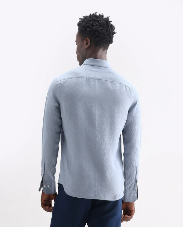 Rare Rabbit Men's Lucis Grey Linen Fabric Full Sleeves Collared Neck Button Closure Plain Shirt