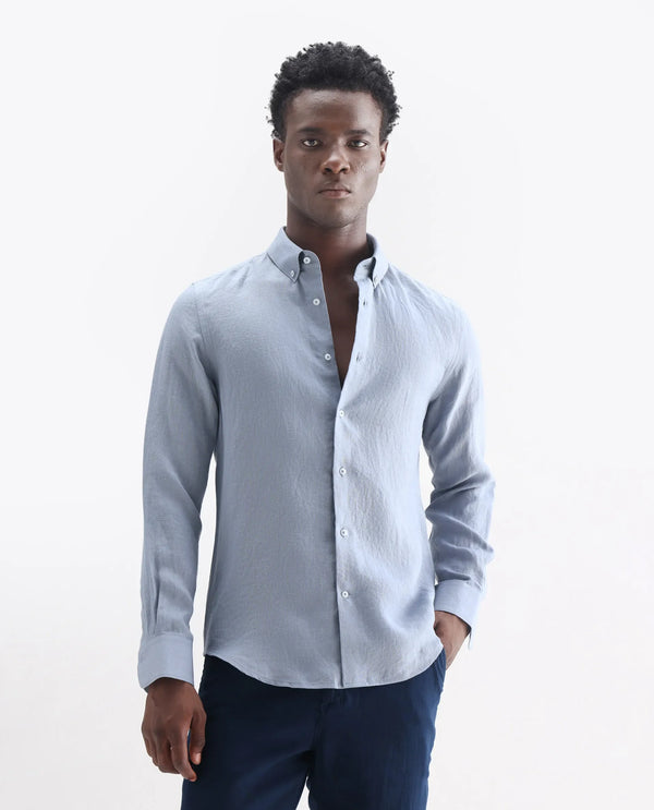Rare Rabbit Men's Lucis Grey Linen Fabric Full Sleeves Collared Neck Button Closure Plain Shirt