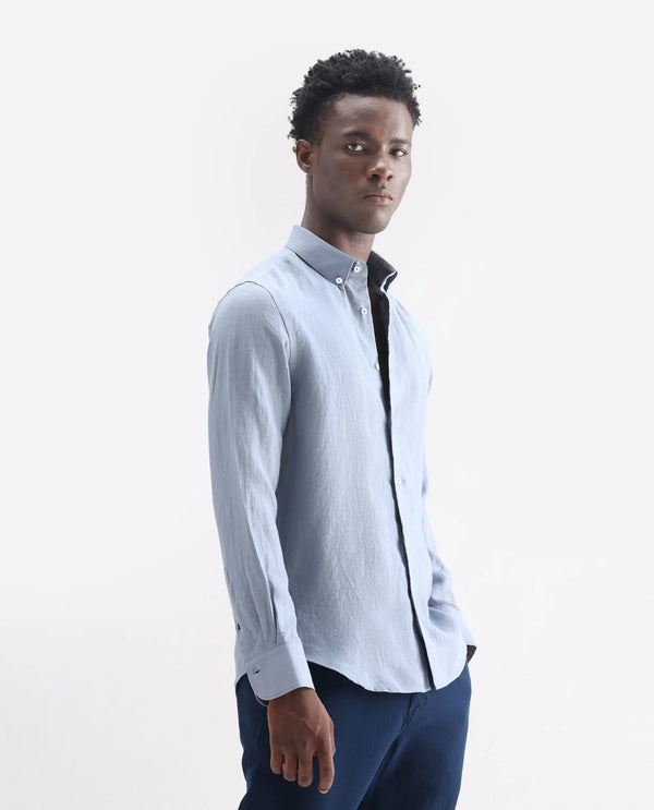 Rare Rabbit Men's Lucis Grey Linen Fabric Full Sleeves Collared Neck Button Closure Plain Shirt