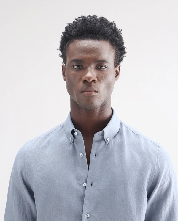 Rare Rabbit Men's Lucis Grey Linen Fabric Full Sleeves Collared Neck Button Closure Plain Shirt