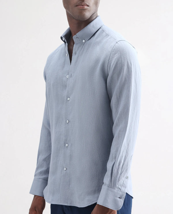Rare Rabbit Men's Lucis Grey Linen Fabric Full Sleeves Collared Neck Button Closure Plain Shirt