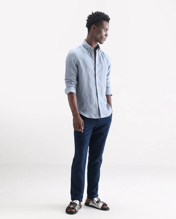 Rare Rabbit Men's Lucis Grey Linen Fabric Full Sleeves Collared Neck Button Closure Plain Shirt