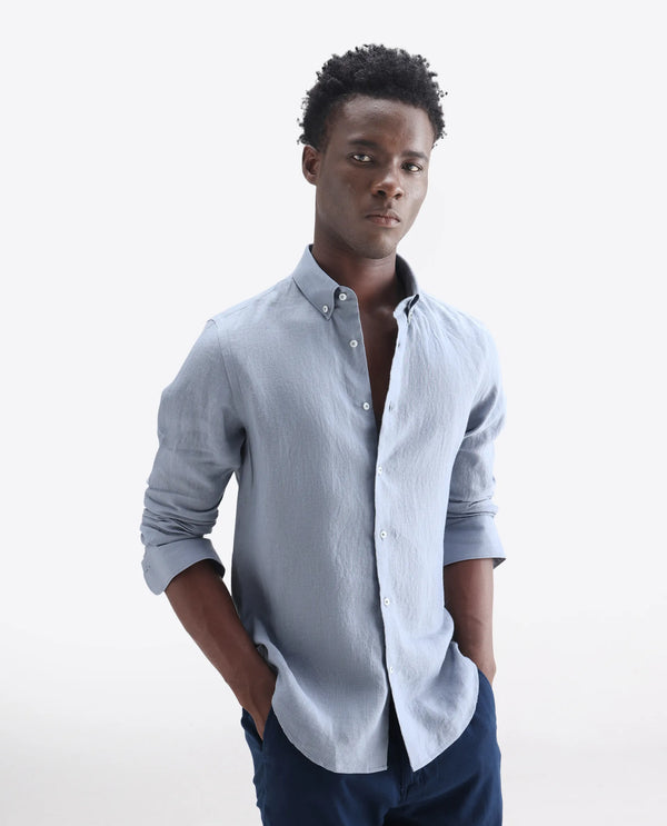 Rare Rabbit Men's Lucis Grey Linen Fabric Full Sleeves Collared Neck Button Closure Plain Shirt