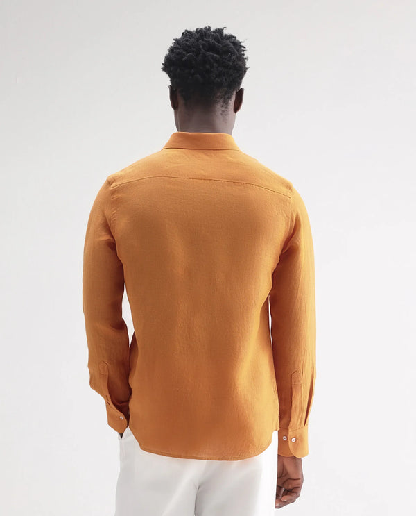 Rare Rabbit Men's Lucis Mustard Linen Fabric Full Sleeves Collared Neck Button Closure Plain Shirt