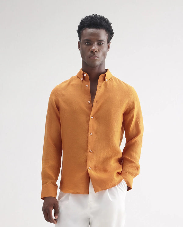 Rare Rabbit Men's Lucis Mustard Linen Fabric Full Sleeves Collared Neck Button Closure Plain Shirt