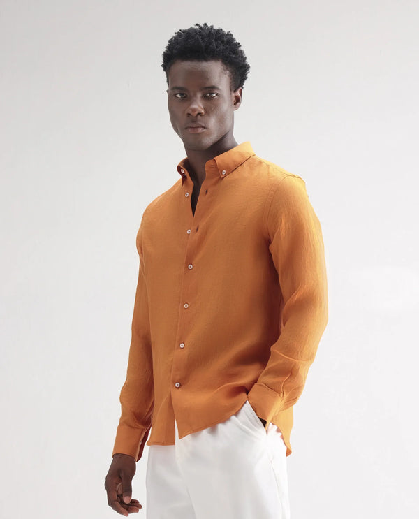 Rare Rabbit Men's Lucis Mustard Linen Fabric Full Sleeves Collared Neck Button Closure Plain Shirt