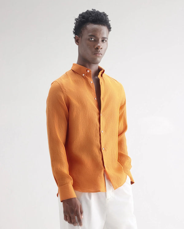 Rare Rabbit Men's Lucis Mustard Linen Fabric Full Sleeves Collared Neck Button Closure Plain Shirt