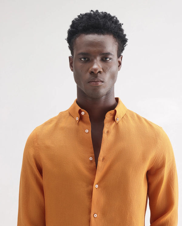 Rare Rabbit Men's Lucis Mustard Linen Fabric Full Sleeves Collared Neck Button Closure Plain Shirt