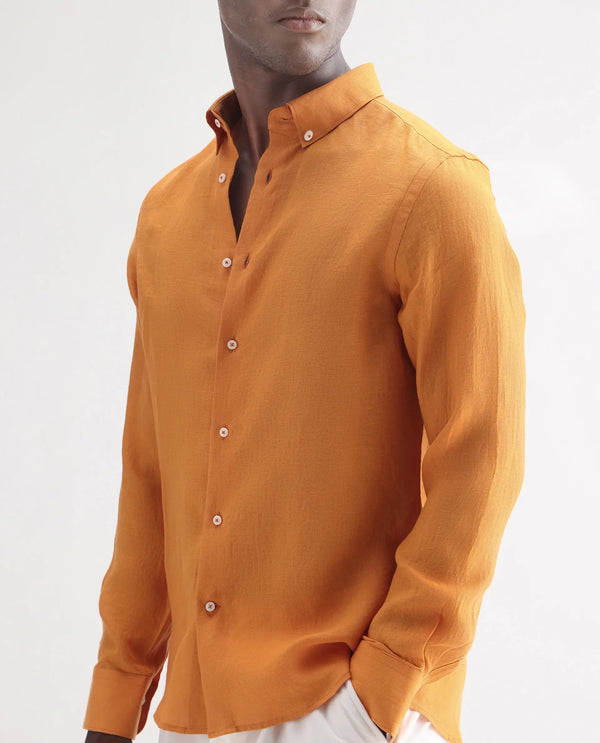 Rare Rabbit Men's Lucis Mustard Linen Fabric Full Sleeves Collared Neck Button Closure Plain Shirt