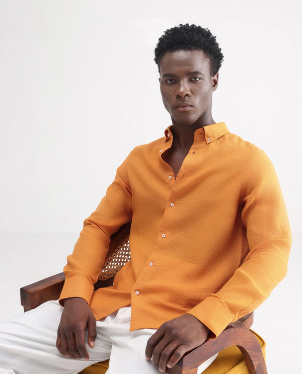 Rare Rabbit Men's Lucis Mustard Linen Fabric Full Sleeves Collared Neck Button Closure Plain Shirt