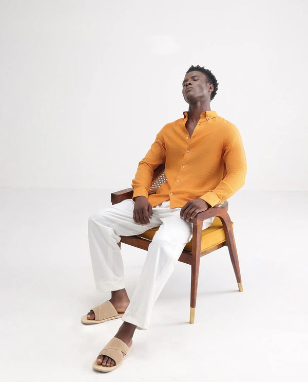 Rare Rabbit Men's Lucis Mustard Linen Fabric Full Sleeves Collared Neck Button Closure Plain Shirt