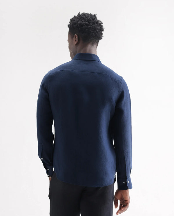 Rare Rabbit Men's Lucis Navy Linen Fabric Full Sleeves Collared Neck Button Closure Plain Shirt