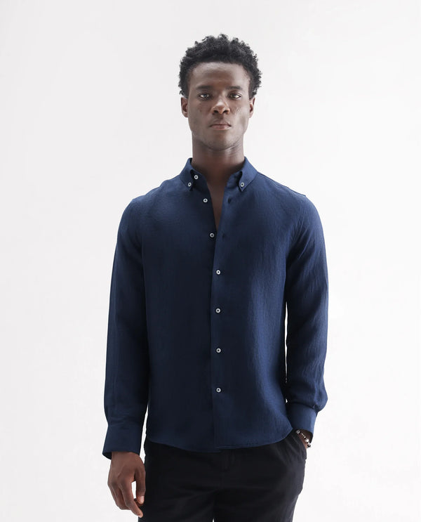 Rare Rabbit Men's Lucis Navy Linen Fabric Full Sleeves Collared Neck Button Closure Plain Shirt