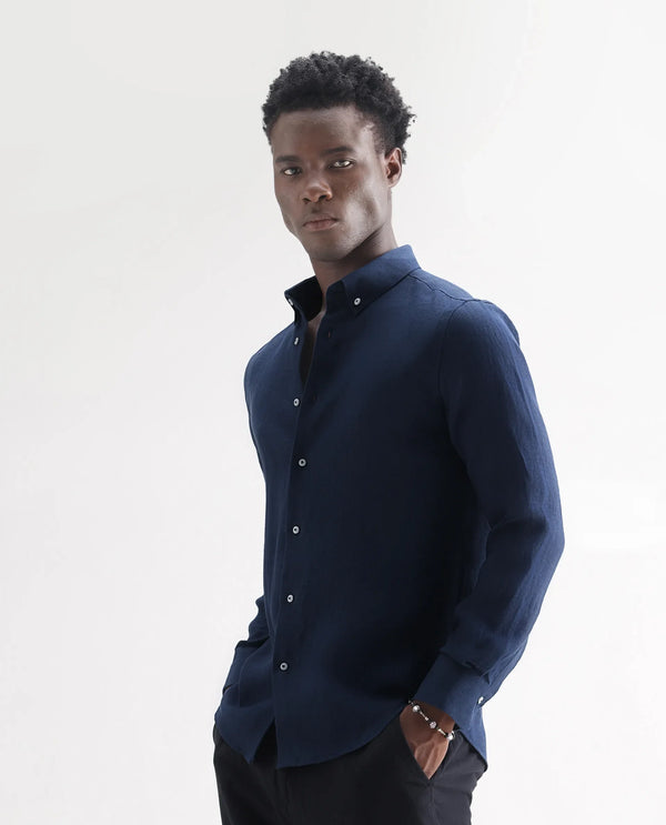 Rare Rabbit Men's Lucis Navy Linen Fabric Full Sleeves Collared Neck Button Closure Plain Shirt