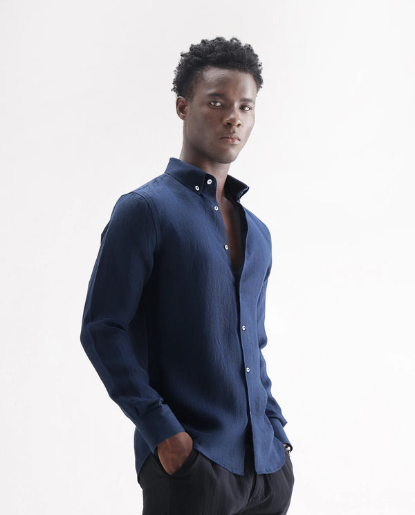 Rare Rabbit Men's Lucis Navy Linen Fabric Full Sleeves Collared Neck Button Closure Plain Shirt