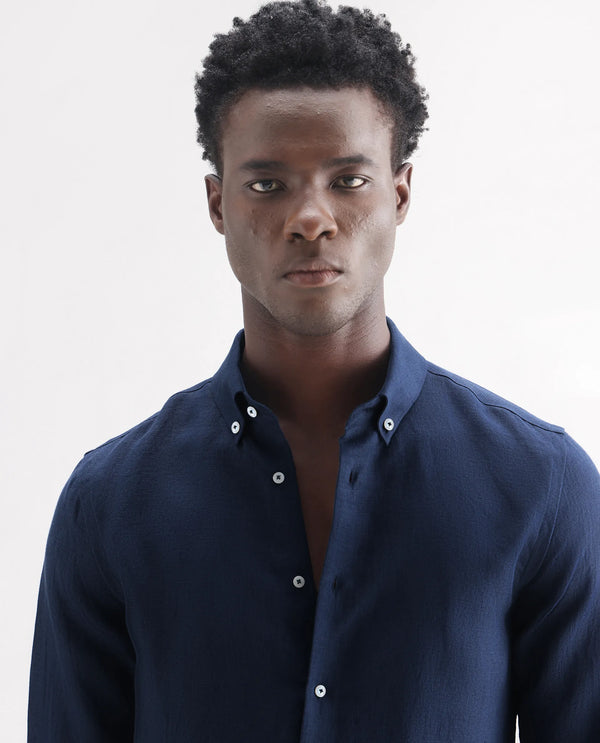 Rare Rabbit Men's Lucis Navy Linen Fabric Full Sleeves Collared Neck Button Closure Plain Shirt