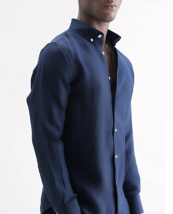 Rare Rabbit Men's Lucis Navy Linen Fabric Full Sleeves Collared Neck Button Closure Plain Shirt