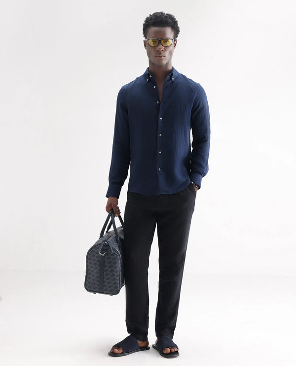 Rare Rabbit Men's Lucis Navy Linen Fabric Full Sleeves Collared Neck Button Closure Plain Shirt
