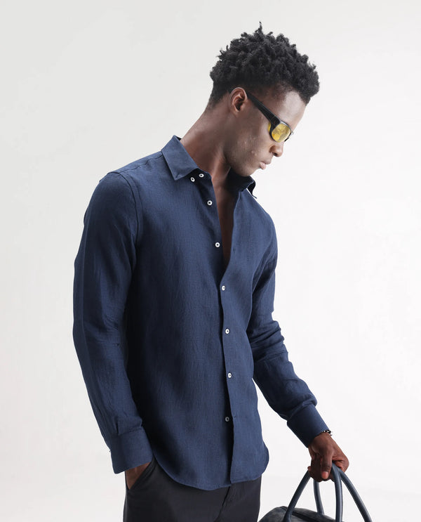 Rare Rabbit Men's Lucis Navy Linen Fabric Full Sleeves Collared Neck Button Closure Plain Shirt