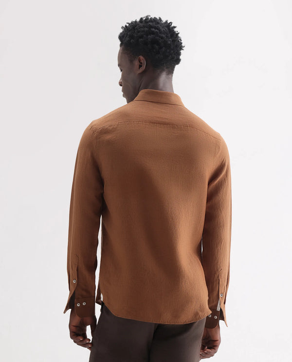 Rare Rabbit Men's Lucis Rust Linen Fabric Full Sleeves Collared Neck Button Closure Plain Shirt