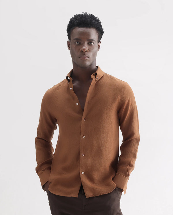 Rare Rabbit Men's Lucis Rust Linen Fabric Full Sleeves Collared Neck Button Closure Plain Shirt
