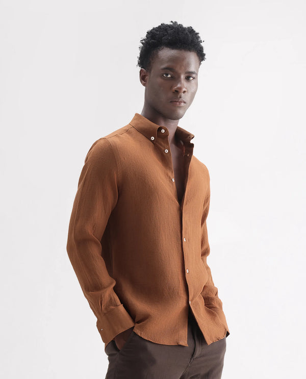 Rare Rabbit Men's Lucis Rust Linen Fabric Full Sleeves Collared Neck Button Closure Plain Shirt