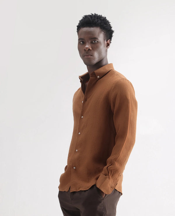 Rare Rabbit Men's Lucis Rust Linen Fabric Full Sleeves Collared Neck Button Closure Plain Shirt